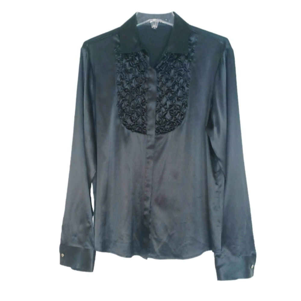 Paperwhite Silk Blend Stretch Pintuck Tuxedo Blouse Women's Sz 14 Black